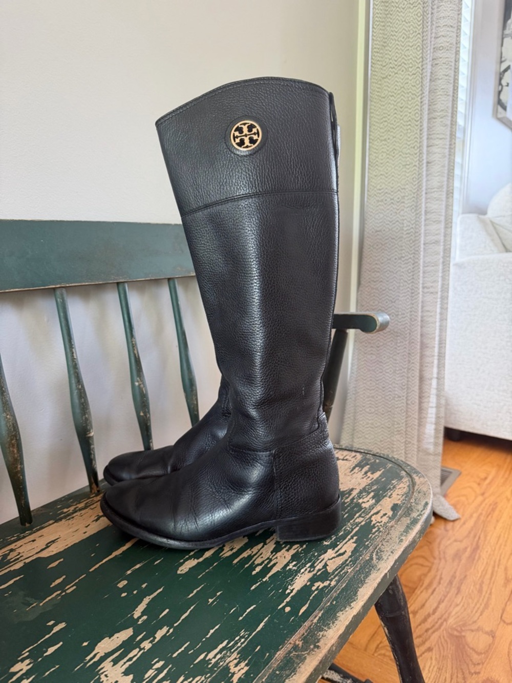 Tory Burch Black Tumbled Leather Pull On Junction Equestrian Riding Boots Gold 8 - Picture 4 of 16